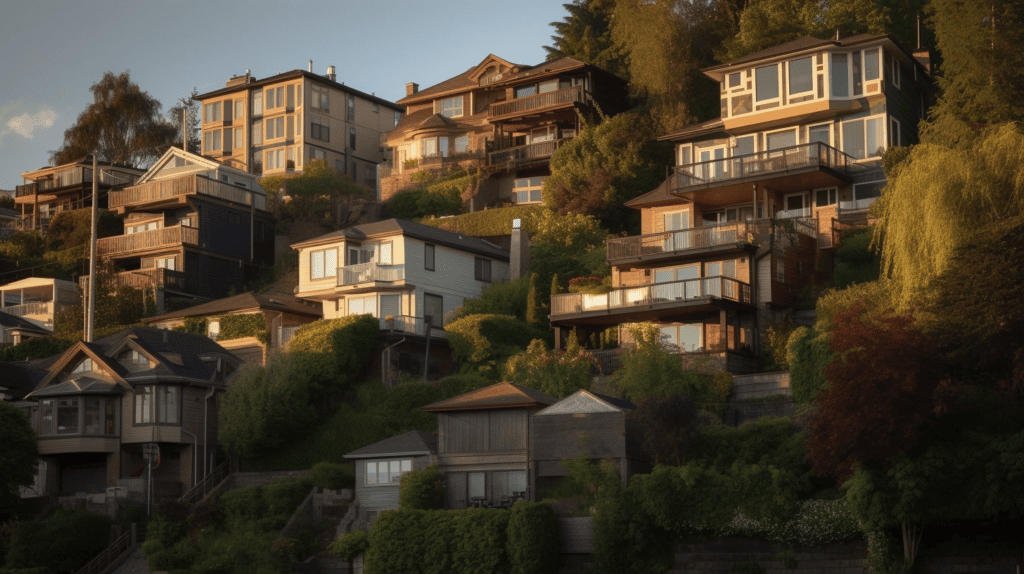 Beautiful 3 storey houses built on a hillside with small lots