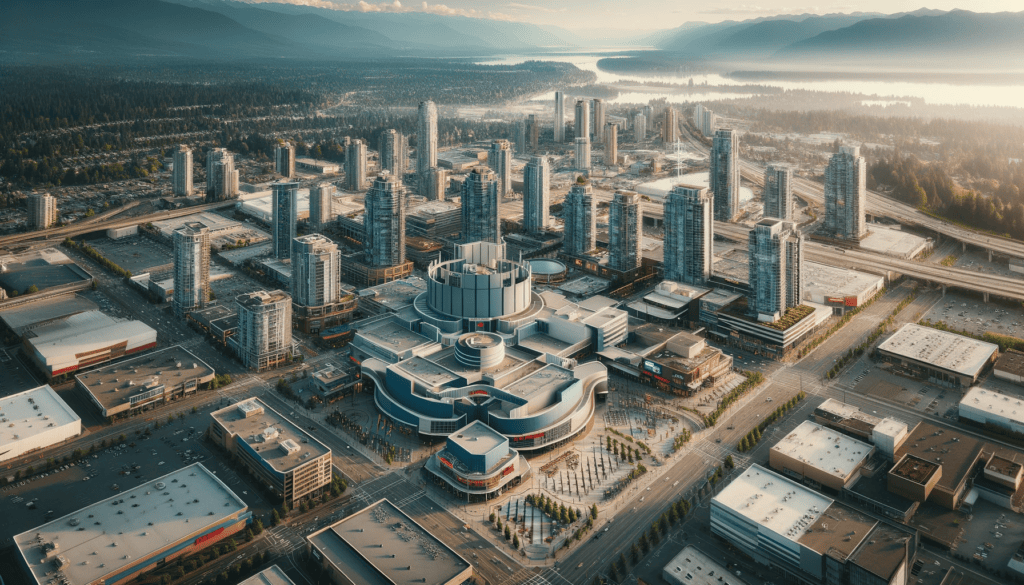 Whalley, or "Central City" drone photo of the downtown core of Surrey