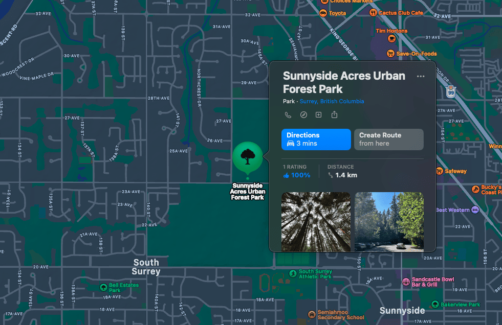 Aerial shot of the Sunnyside Acres Urban Forest Park siding onto the South Surrey Athletic Park