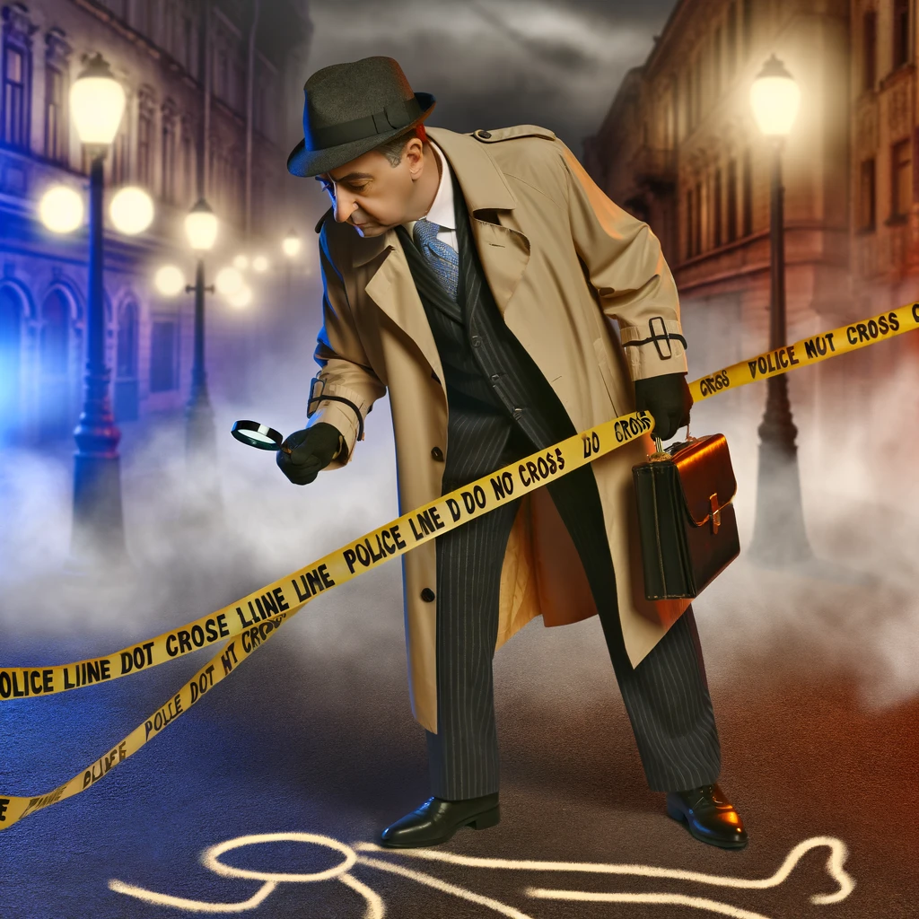 Detective looking at a chalk outline of a deceased person.
