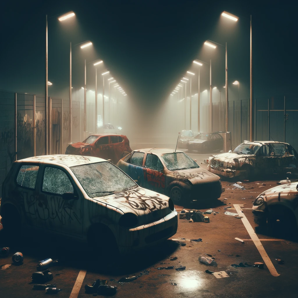 A scene depicting vandalized cars in a parking lot at night. the image shows several cars with graffiti and broken windows
