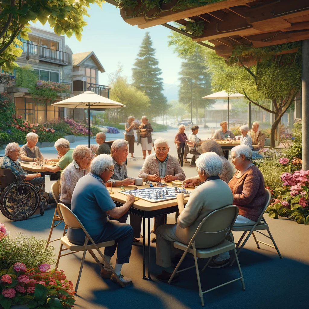 Senior society meeting outdoors in a small city park similar to the ambiance of white rock bc