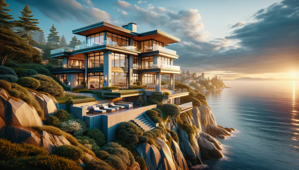 a picture perfect highly realistic image of a luxurious cliffside home in white rock bc. the home is modern with large glass windows offering a pano