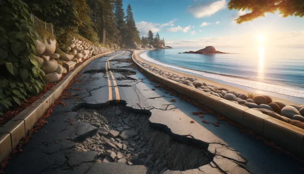 A dramatized photo of what damaged roads could look like in White Rock, BC