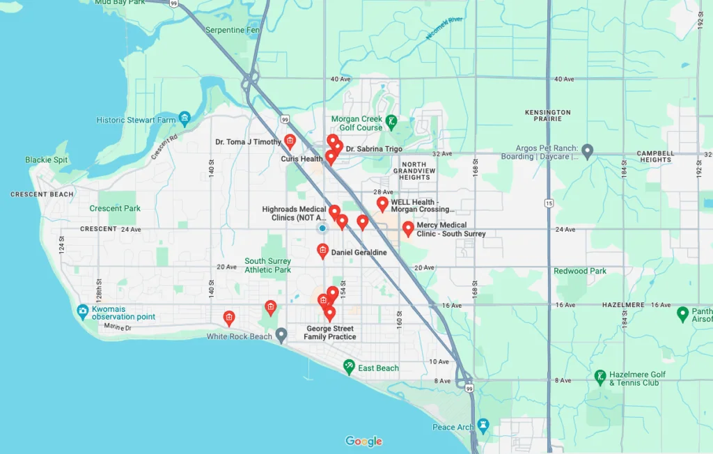 Map of all the Health Care areas in South Surrey & White Rock