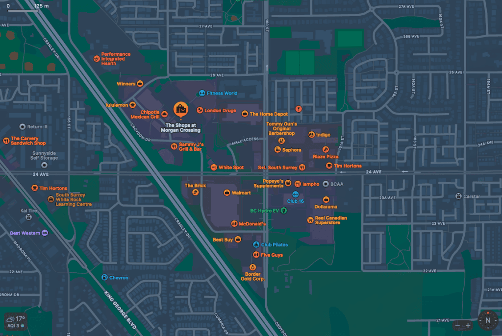 Map view of all the big box stores and restaurants that are located in the Morgan Crossing and Grandview Shop