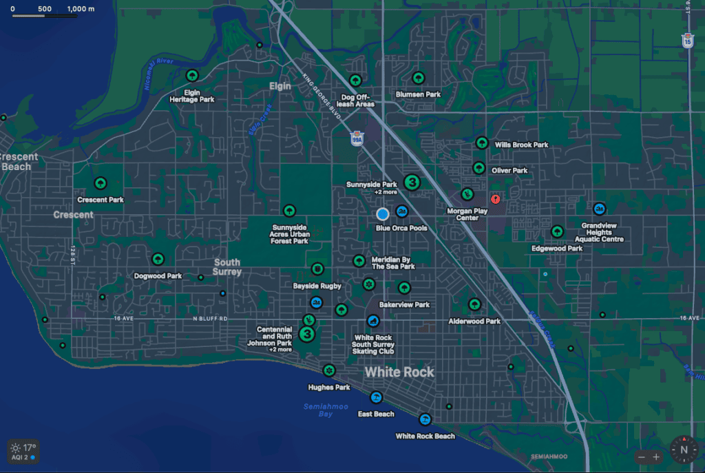 Map of local recreation centres and parks in South Surrey/White Rock 