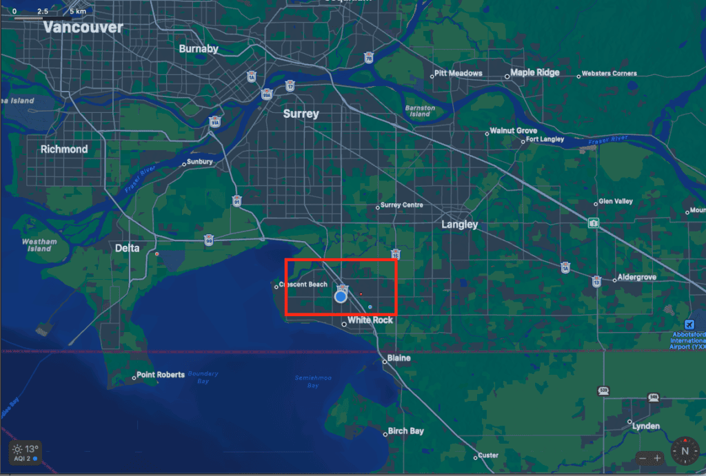 Map of the South Surrey area located in the Lower Mainland