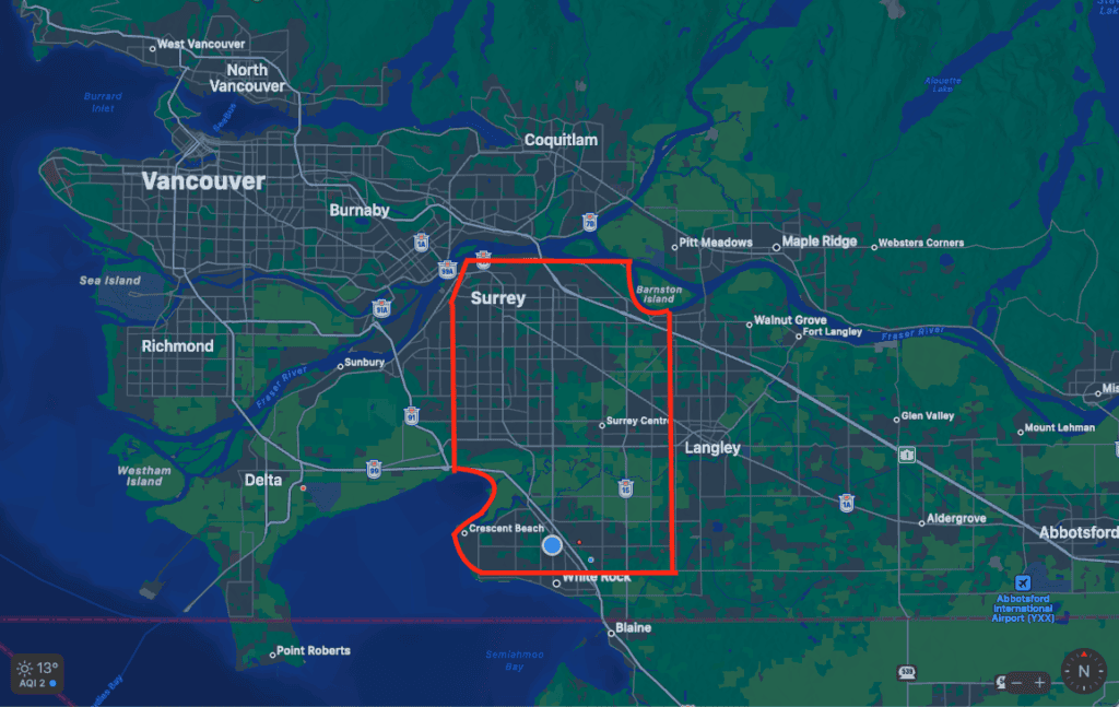Surrey's map view at covering almost 316 square kilometres makes it one of the biggest cities in BC