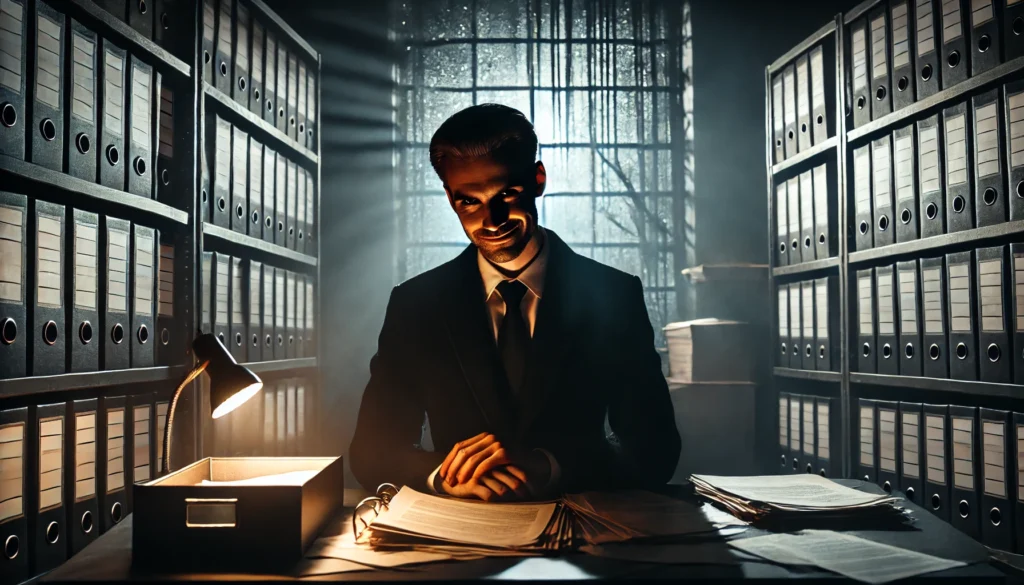 a dramatic, dark, and realistic scene featuring a shady looking real estate agent in a dimly lit office. the agent has a sinister smile and is surroun