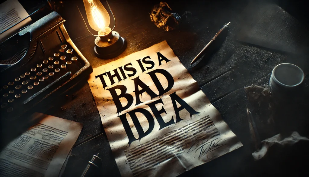 dall·e 2024 12 21 12.37.55 a dramatized, dark, and intense photo of a contract lying on a dimly lit desk, with the bold, ominous text 'this is a bad idea' prominently written ac