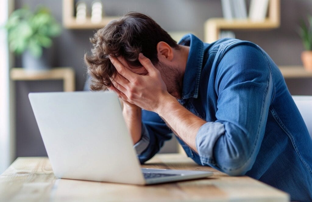 A frustrated man behind his laptop