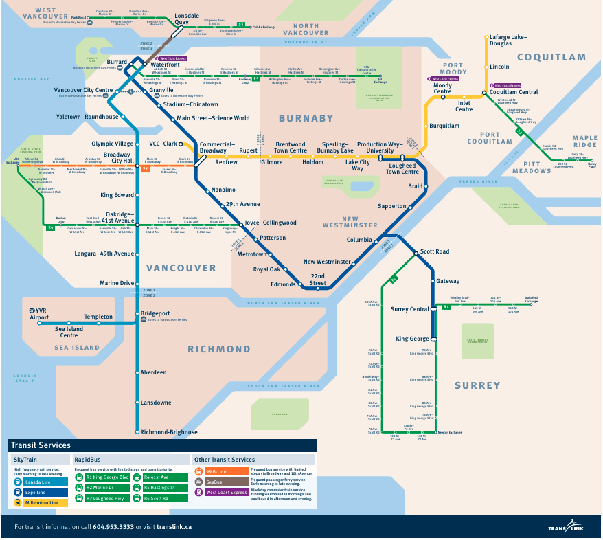 A map of the intricate transit service in Surrey, BC 