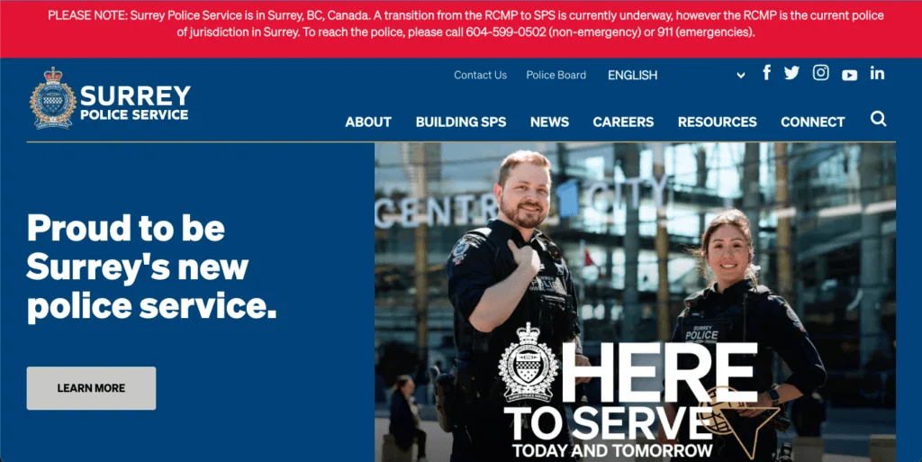 The homepage of the Surrey Police Service that