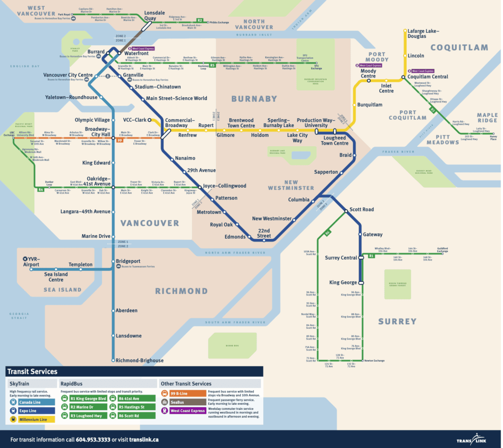 A TransLink map of our Skytrain and Transit system in Vancouver and Surrey