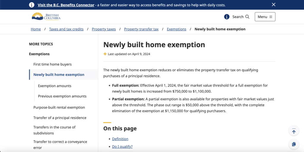 Article of the BC New Home exemption tax