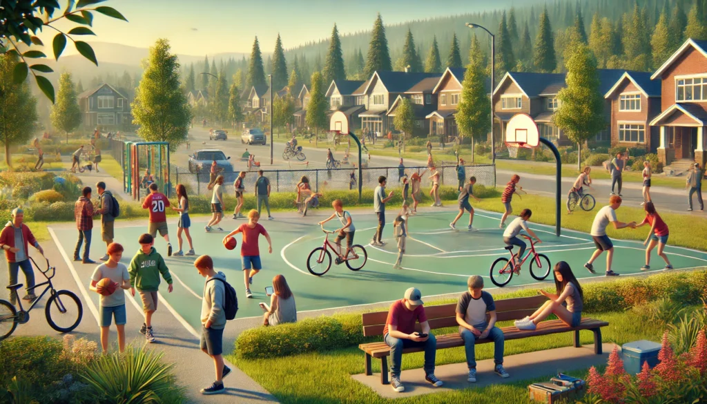 a dramatized photo of a park filled with teenagers playing outside