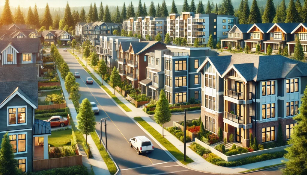 A dramatized photo of a typical Surrey neighbourhood consisting of Condos, Townhomes, and Detached homes