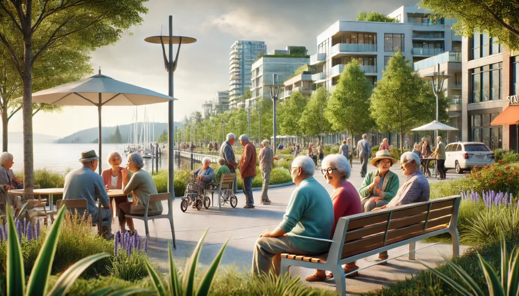 a dramatized photo of a park filled with seniors hanging outside, that you would typically find in Surrey BC