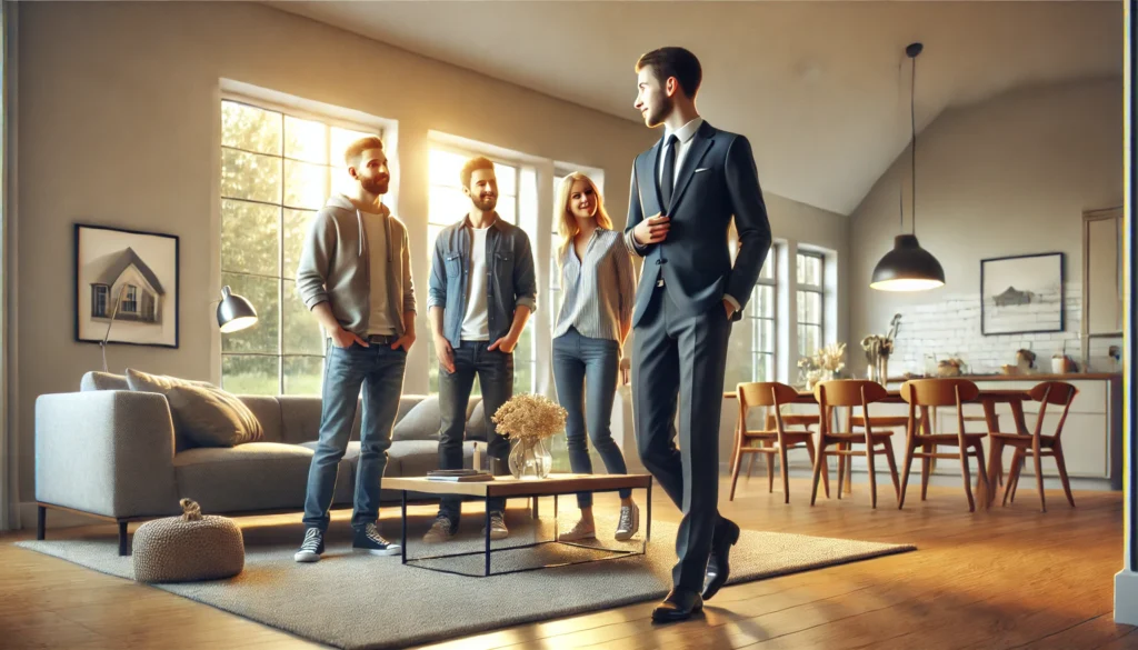 A realistic photo of a realtor walking around tenants in a home. the realtor, dressed in professional attire, is showing the tenants various features