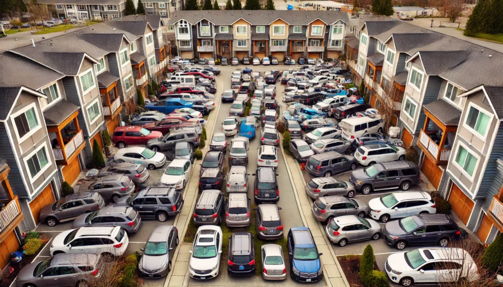 A dramatized photo of what a nightmare parking situation would be in a townhome complex in Surrey, BC