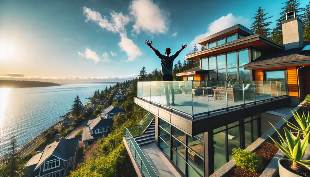 A photo of a homeowner celebrating in their ocean view home in White Rock, BC