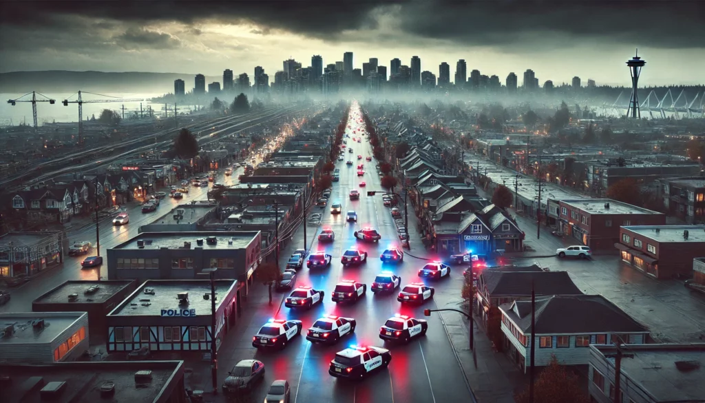 a dramatized image of a cityscape of Surrey, BC under a gloomy sky with dark clouds. several police cars with flashing red indicating an abundance of crime in the area