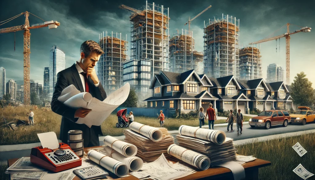 a realistic and dramatized image showing the housing crisis in british columbia. the scene depicts a frustrated builder looking over blueprints, with