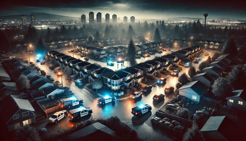 a wide 16 9 image depicting surrey, bc, with a dark, moody atmosphere. the scene shows a lot of police activity with several police vehicles and offic