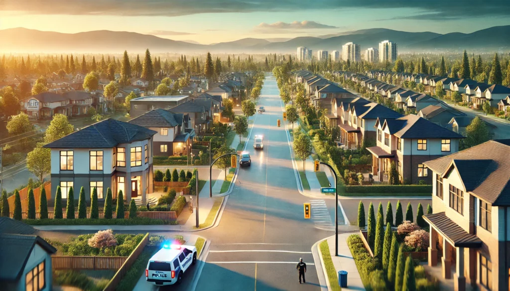 a wide 16 9 image showing surrey, bc in an uplifting, promising atmosphere. the scene features clean, safe looking neighborhoods with modern residenti