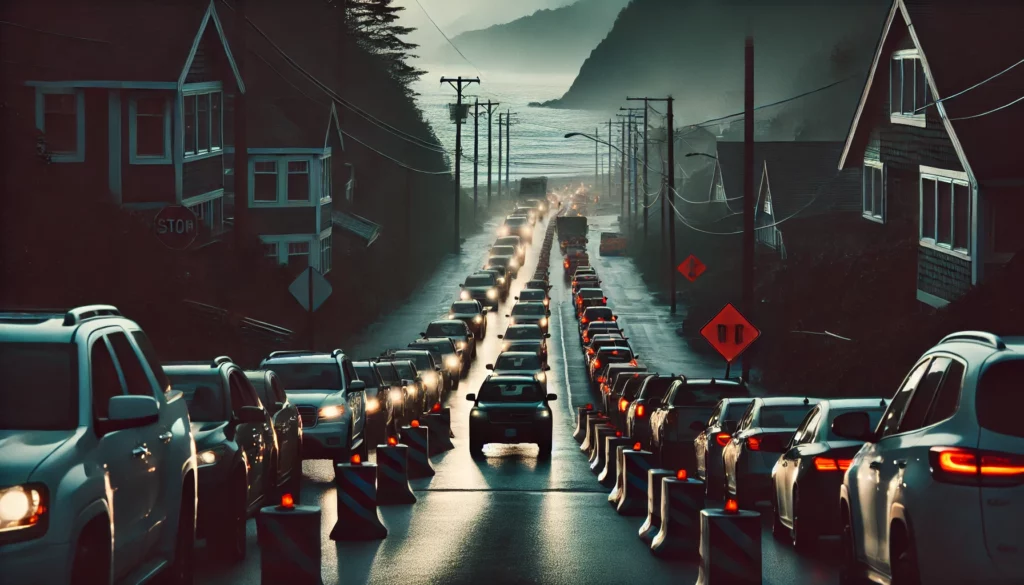 a dark, moody 16 9 wide image showing severe traffic congestion on a narrow, one lane street in an ocean side city resembling white rock, bc. the scen