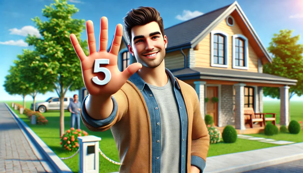 a happy homebuyer standing outside a beautiful house, holding up all four fingers and one thumb (indicating the number 5) with an eager and excited ex