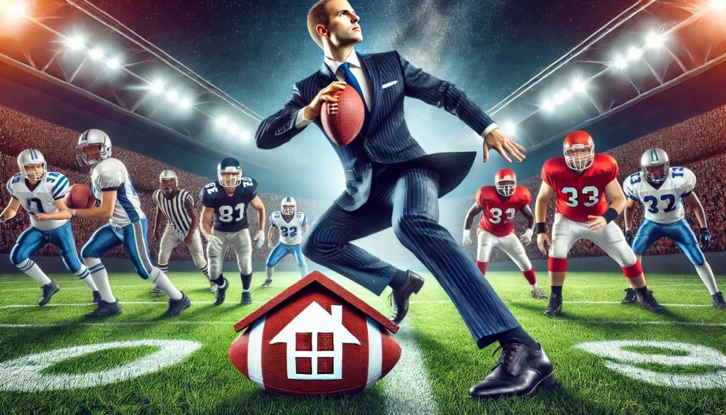 dall·e 2024 11 16 12.58.58 a dynamic and realistic depiction of a real estate agent in a sharp suit, playing quarterback in the middle of a football game. the agent is mid actio