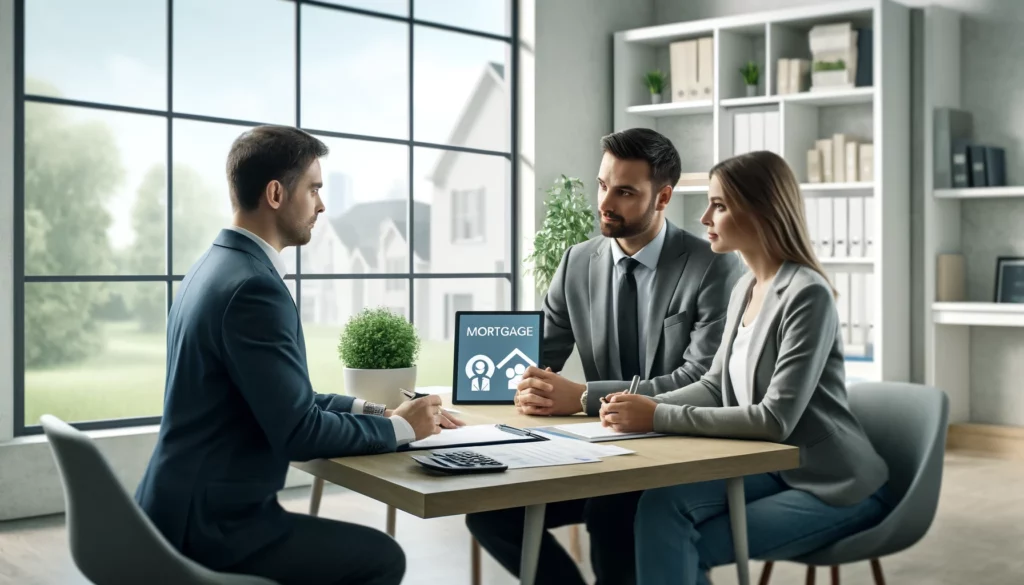 A realistic photo of a professional financial consultation setting. a mortgage professional, dressed in business attire, is sitting across from a coup