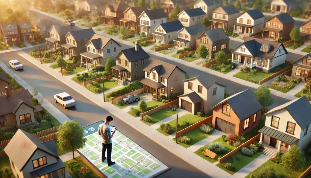 A realistic depiction of a person exploring different neighborhoods and property types. the scene shows a diverse suburban environment with various ho