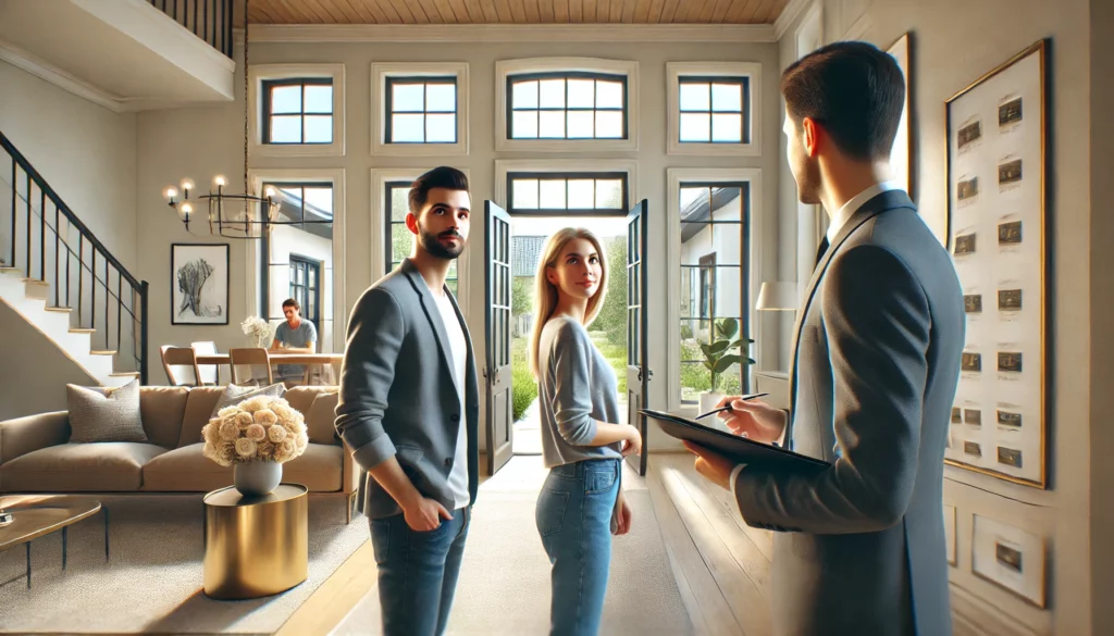 A realistic depiction of a couple touring homes with a real estate agent. the scene shows the couple entering a stylish, modern home, guided by a prof