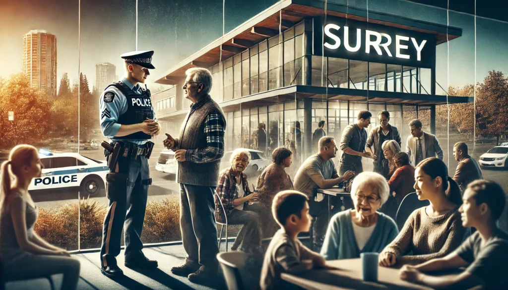 A dramatized photo of a Surrey Police officer showing care and attention to a neighbourhood in Surrey, BC