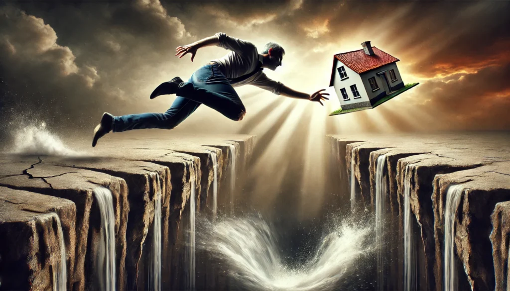 a dramatic and intense scene showing a person leaping across a large pitfall, reaching out to grab a house model. the background is a surreal, abstrac