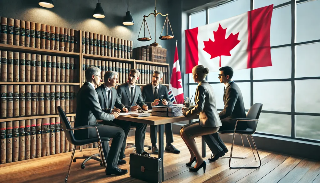 a realistic image depicting lawyers discussing tax laws in british columbia, canada. the scene should show a professional and modern law office with l