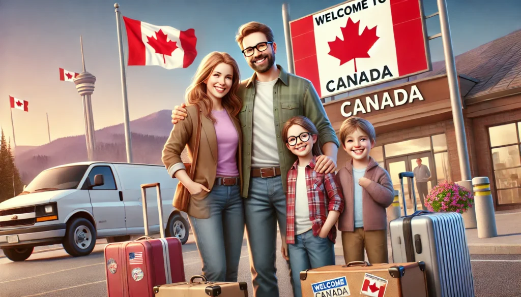 a realistic and upbeat depiction of a us family immigrating to canada, showcasing a joyful and hopeful atmosphere. the family consists of two parents