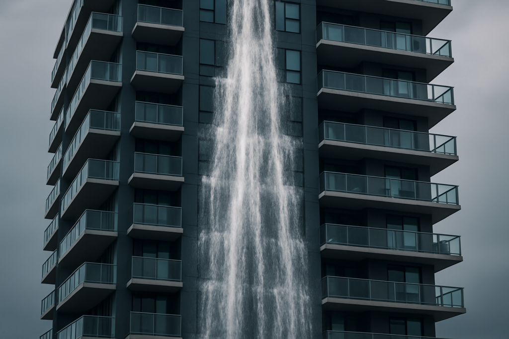 A dramatic photo of major water damage to a condo building that would likely need a BIG special levy for repairs