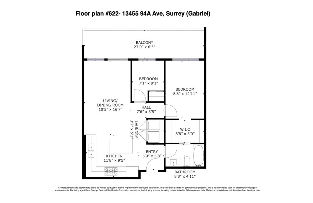 Floor plan of 622-13455 94A Avenue, Surrey: 2 bedroom, 1 bathroom top floor condo at Gabriel with 27 x 6 ft balcony, walk-in closet and room measurements