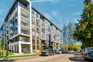 Street view of the six storey Gabriel condo building exterior on 94A Avenue in Central Surrey